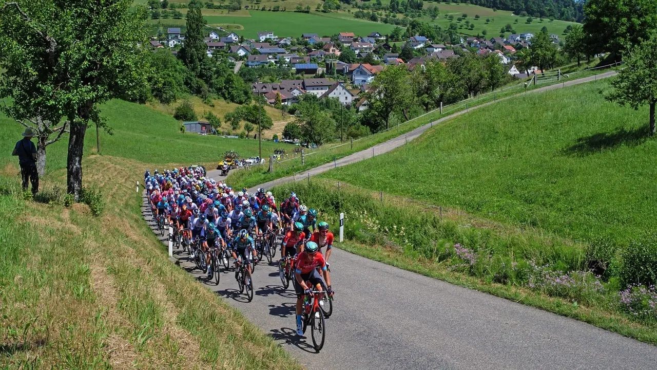 Peloton på landevej i grønne bakker